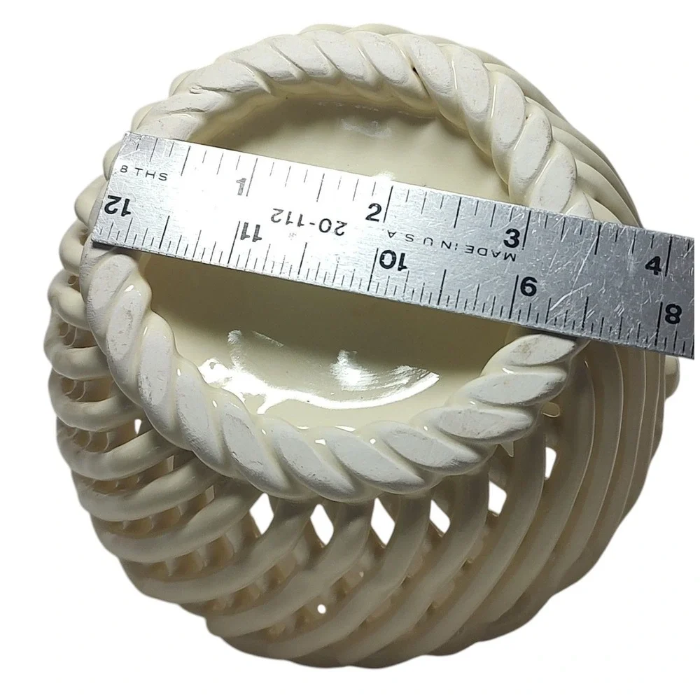 Vintage Woven Glass Basket Weave Twisted Handle Cream Springtime Five Inches SEE